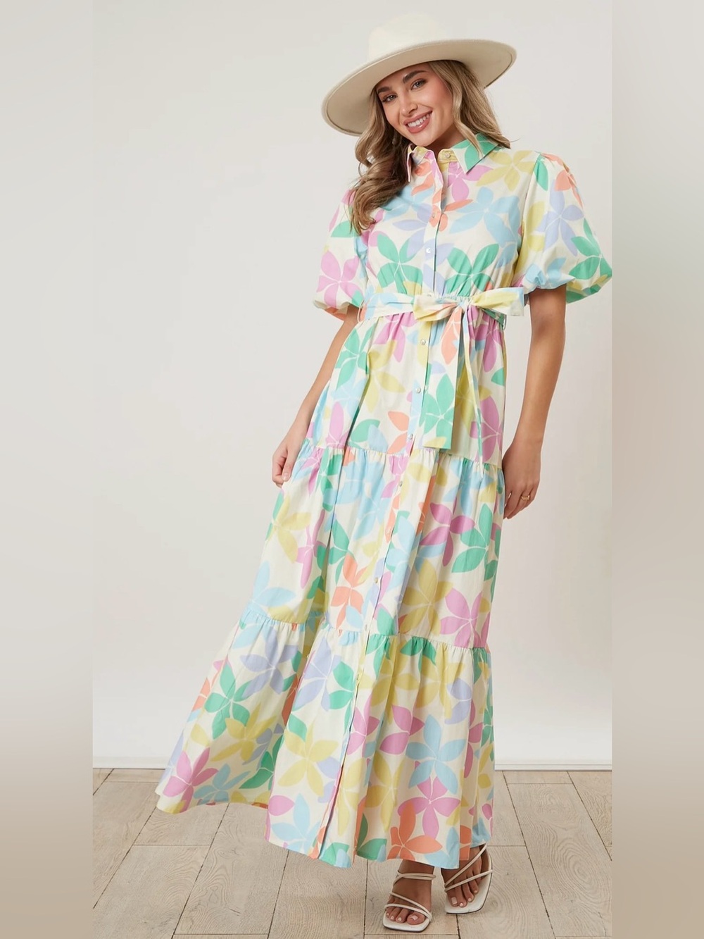 Peach Love Pastel Floral Tiered Maxi Dress - Button-Front, Short Puff Sleeves
Sm